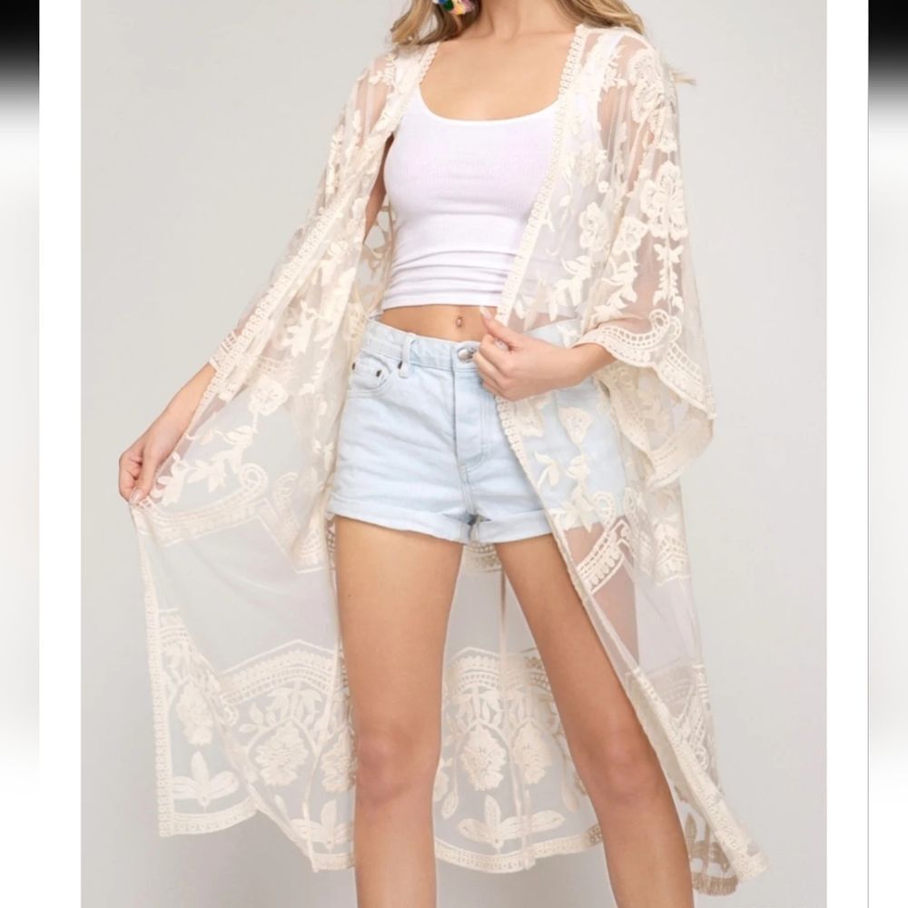 ADIVA cream Women's kimono duster 3/4 sleeve cardigan swim coverup size …